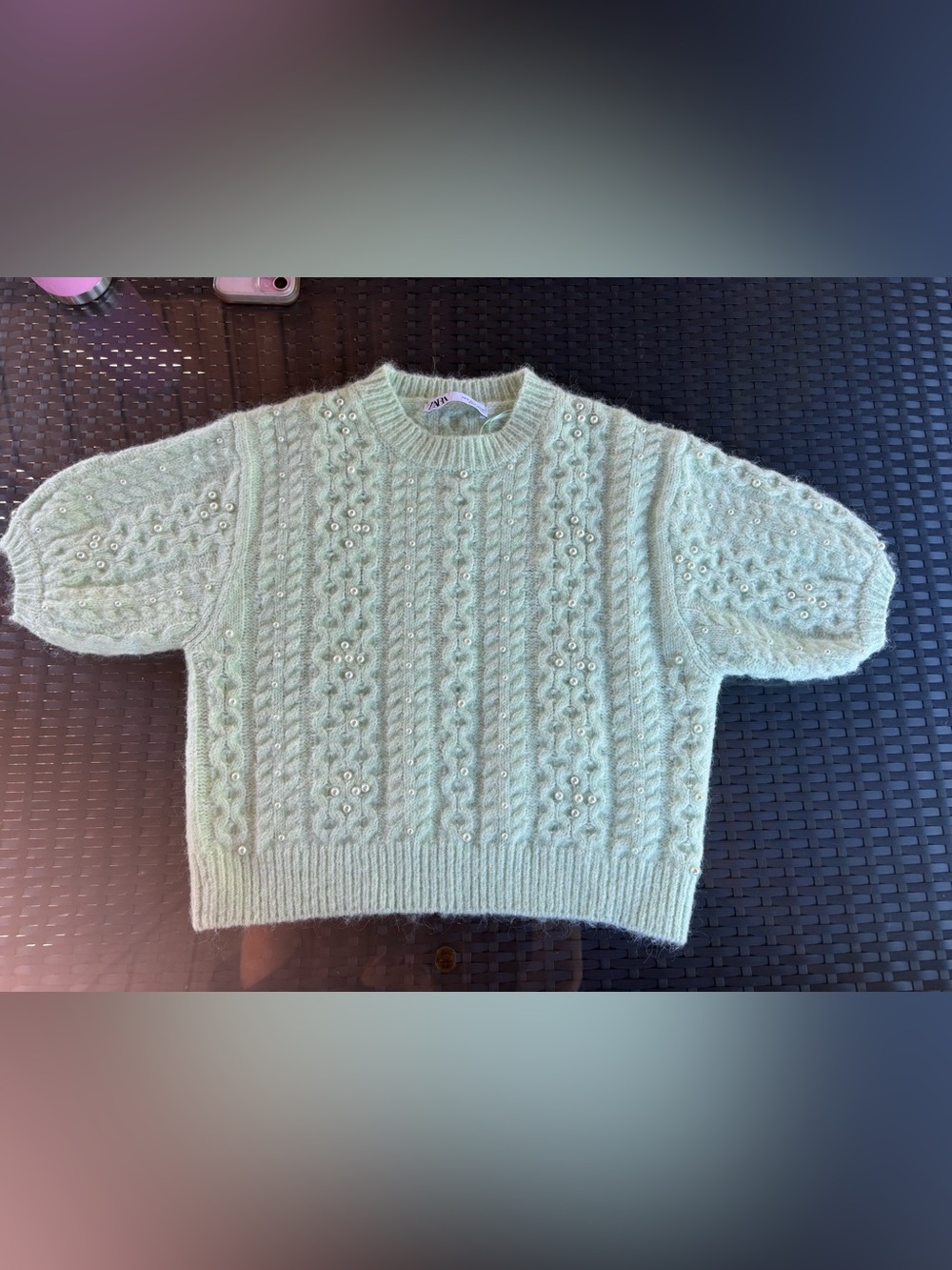 Zara Mint Crewneck Pearl-Embellished Cable Knit Sweater